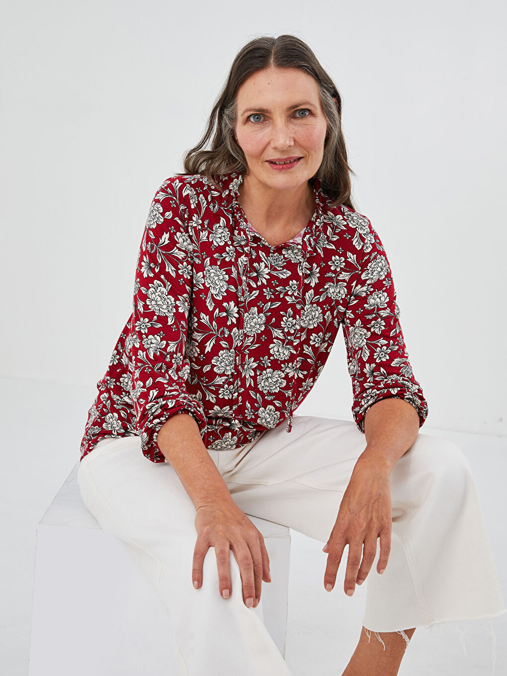 Tie Collar Floral Print Long Sleeve Women Blouse