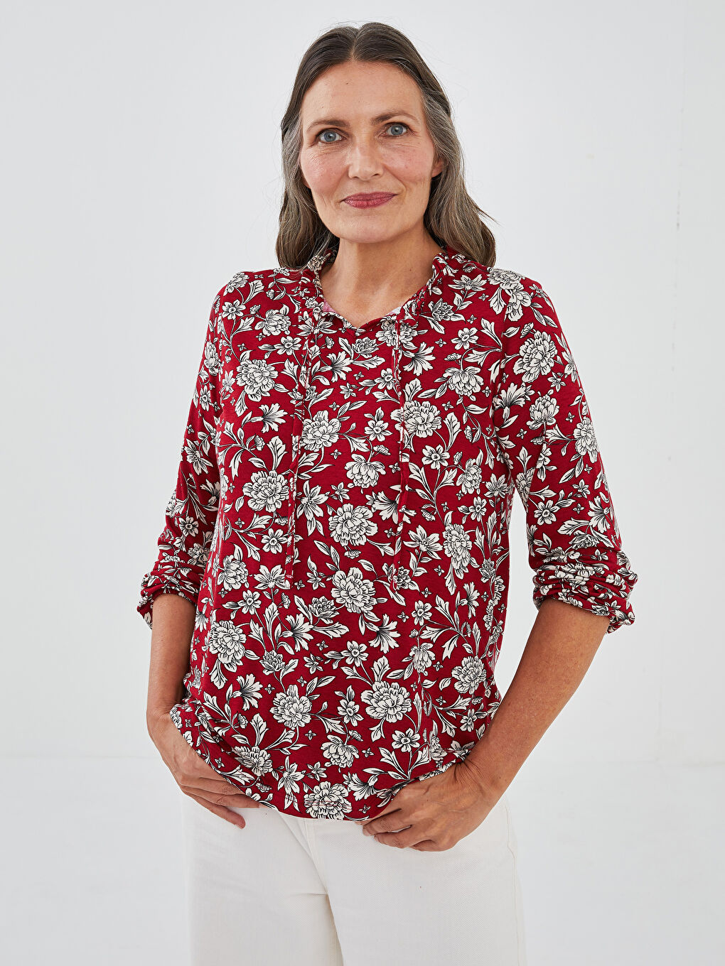 Tie Collar Floral Print Long Sleeve Women Blouse-1