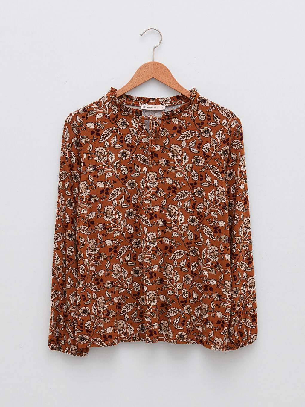 Sarı Bağlamalı Yaka Desenli Uzun Kollu Kadın Bluz-5