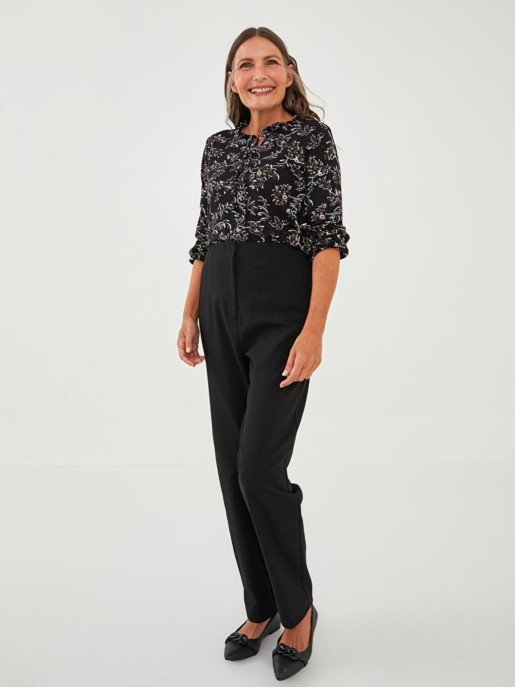 Karışık Bağlamalı Yaka Desenli Uzun Kollu Kadın Bluz-3