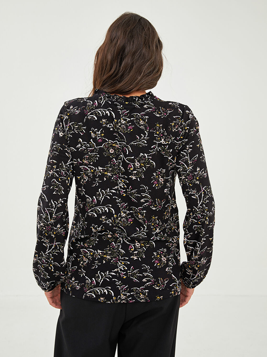 Karışık Bağlamalı Yaka Desenli Uzun Kollu Kadın Bluz-4