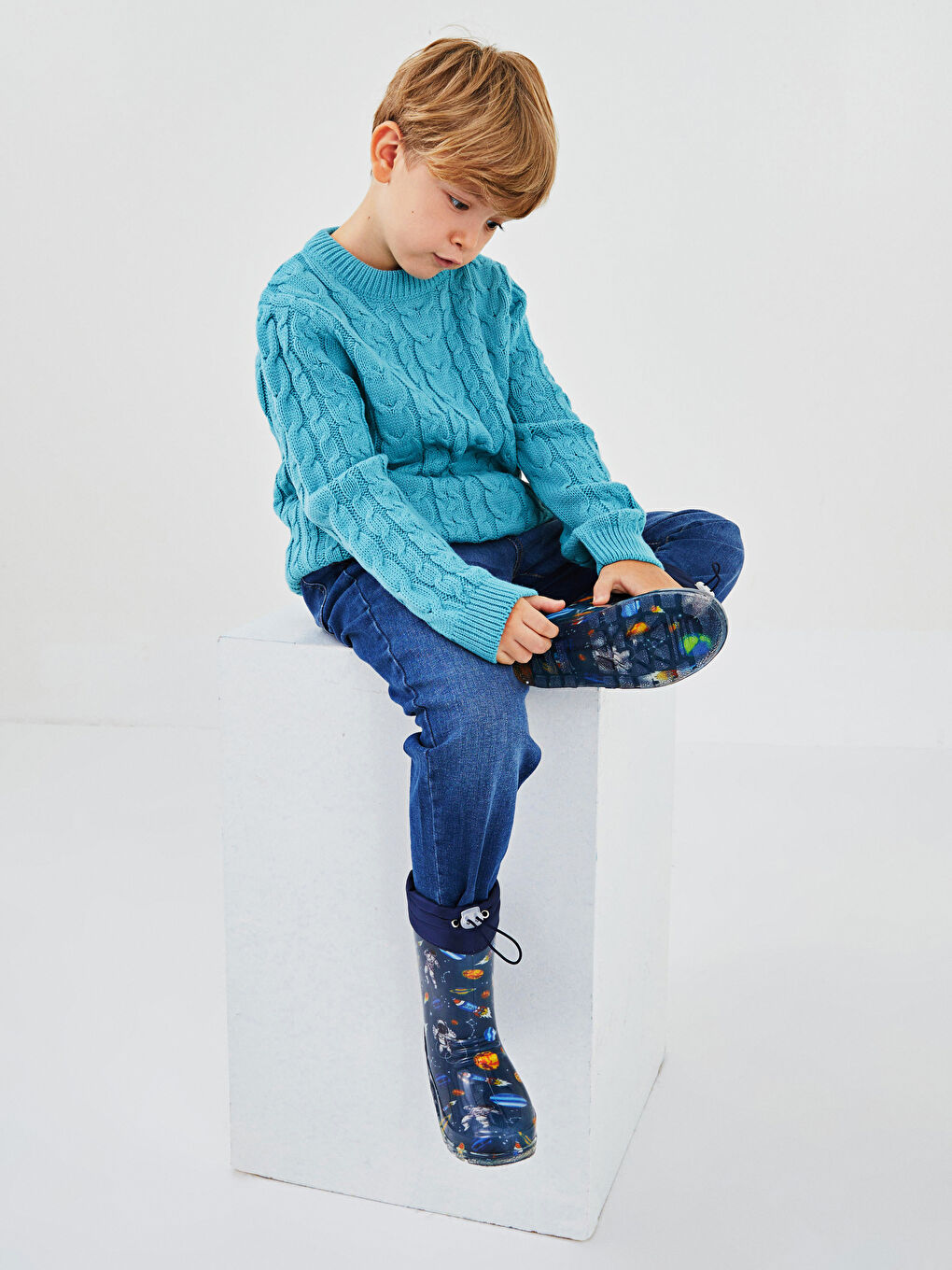 Turkuaz Bisiklet Yaka Saç Örgüsü Desenli Uzun Kollu Erkek Çocuk Triko Kazak-1