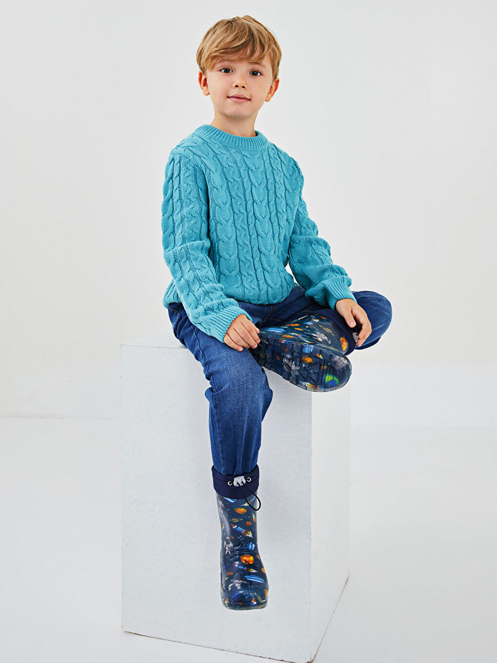 Turkuaz Bisiklet Yaka Saç Örgüsü Desenli Uzun Kollu Erkek Çocuk Triko Kazak-2