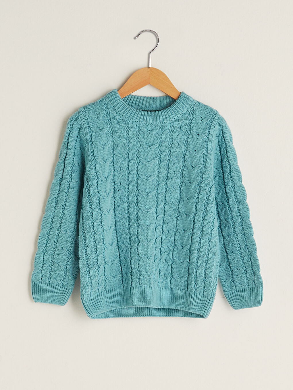 Turkuaz Bisiklet Yaka Saç Örgüsü Desenli Uzun Kollu Erkek Çocuk Triko Kazak-4
