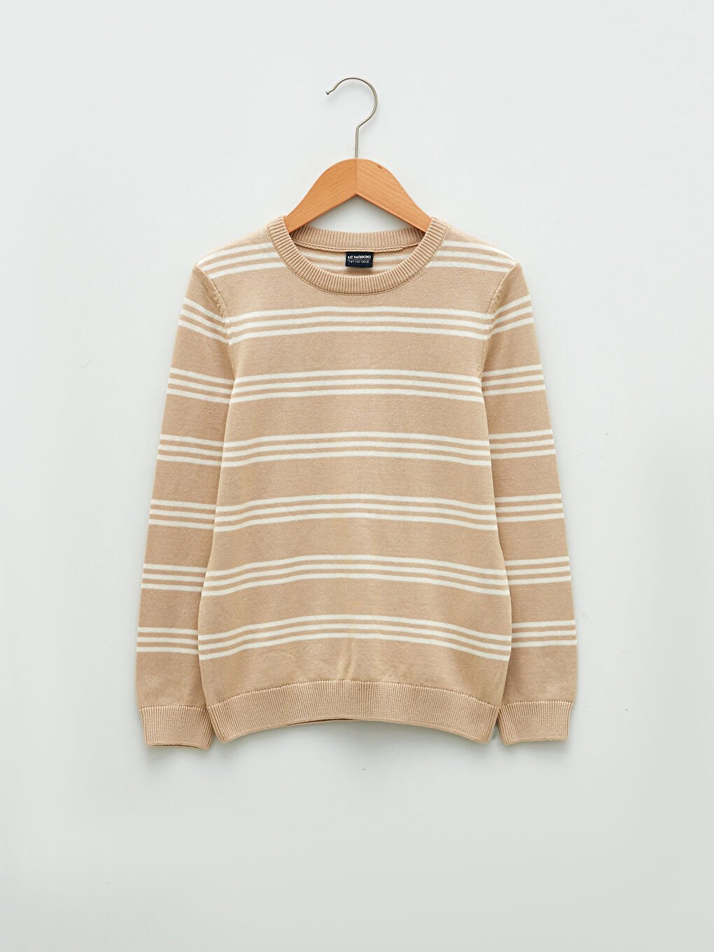 Bej Bisiklet Yaka Çizgili Uzun Kollu Erkek Çocuk İnce Triko Kazak-3