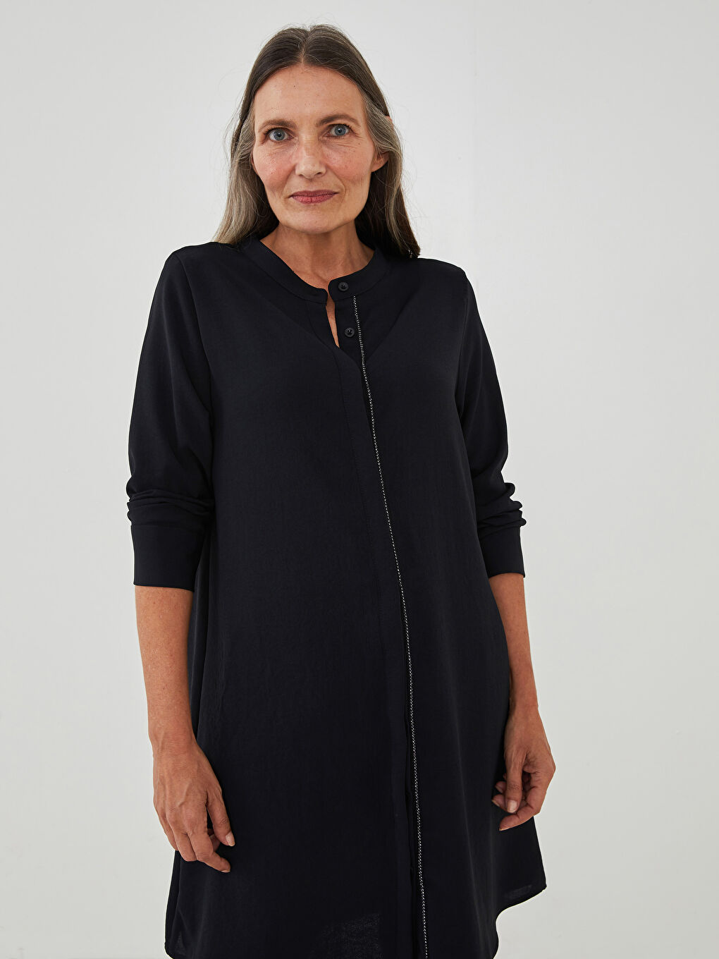 LCW Grace Grandad Collar Shiny Shimmer Detailed Long Sleeve Medina Silk Fabric Women's Tunic -W13177Z8-CVL