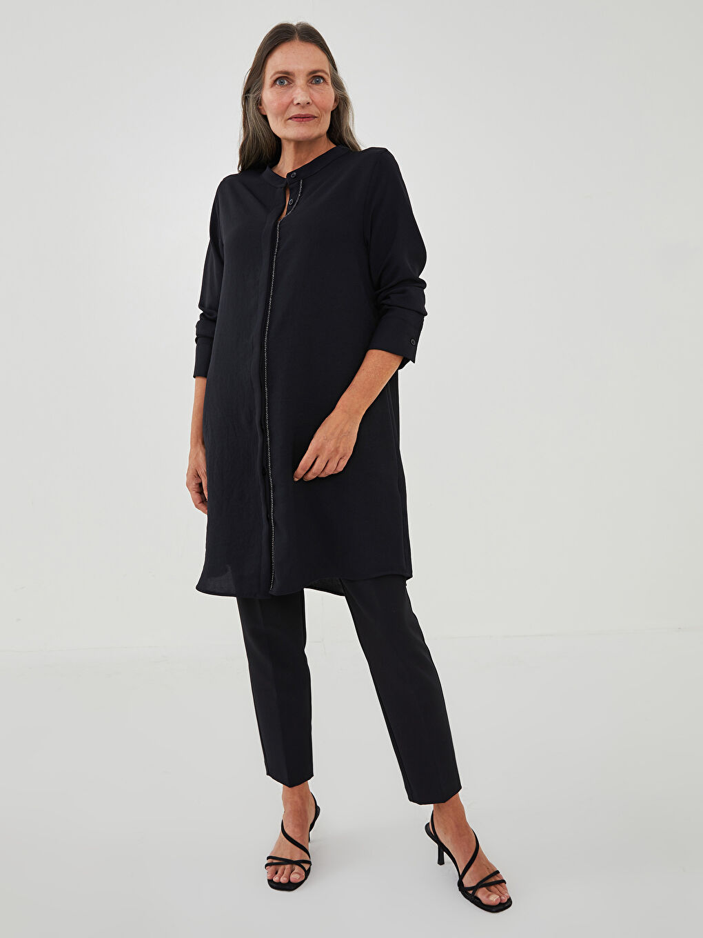 LCW Grace Grandad Collar Shiny Shimmer Detailed Long Sleeve Medina Silk Fabric Women's Tunic -W13177Z8-CVL