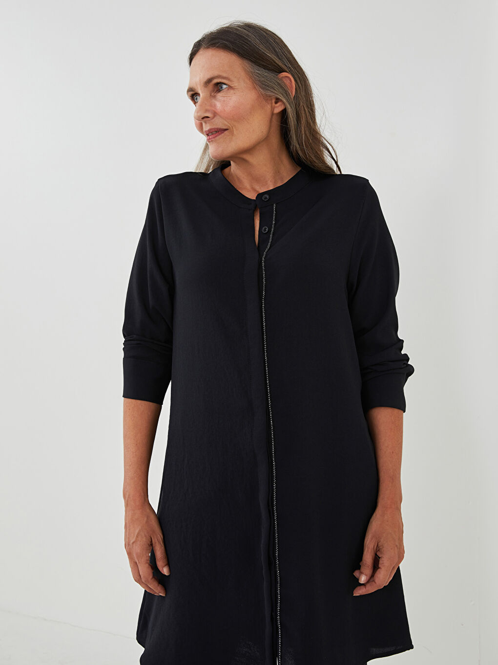 LCW Grace Grandad Collar Shiny Shimmer Detailed Long Sleeve Medina Silk Fabric Women's Tunic -W13177Z8-CVL