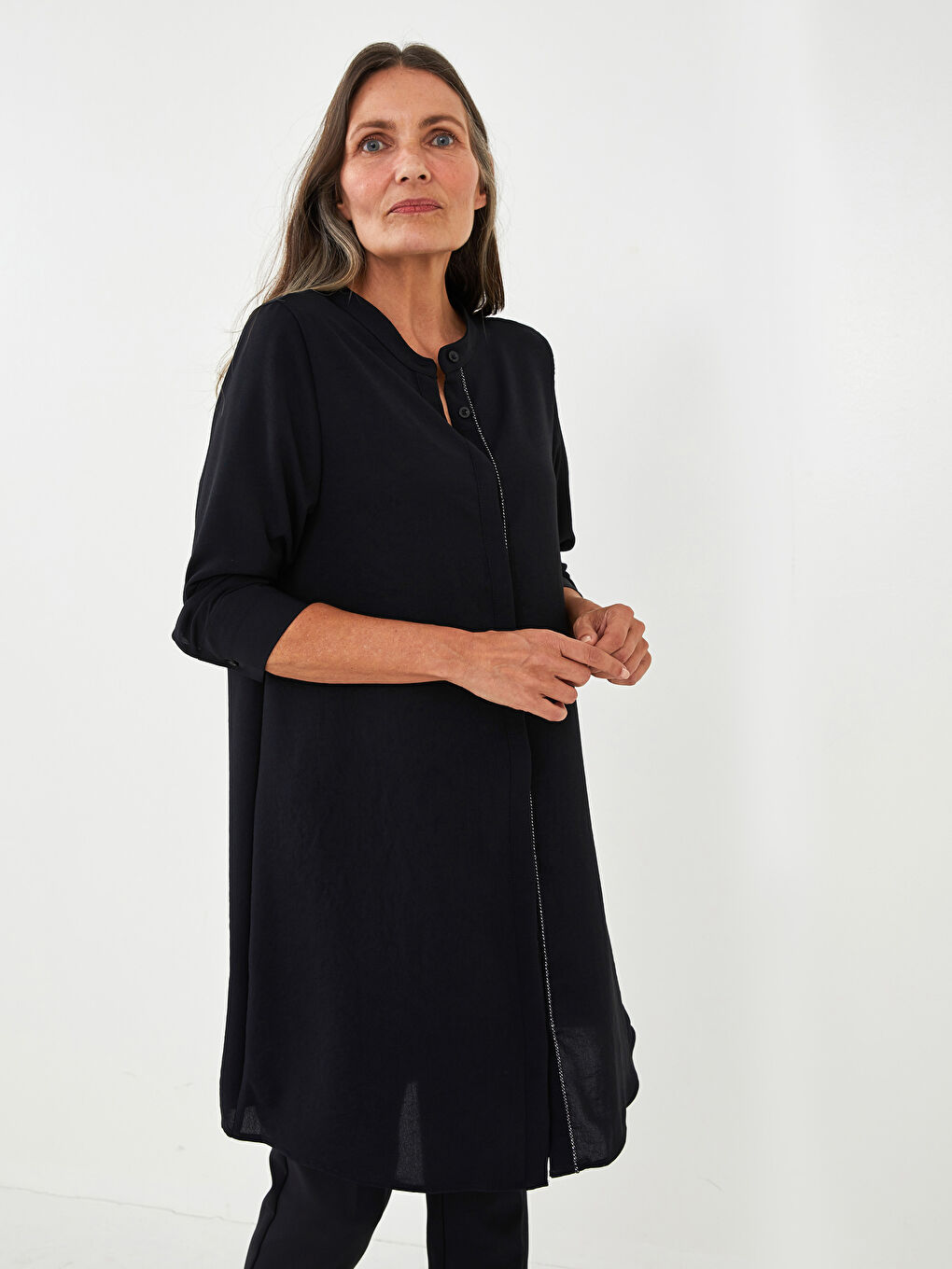 LCW Grace Grandad Collar Shiny Shimmer Detailed Long Sleeve Medina Silk Fabric Women's Tunic -W13177Z8-CVL