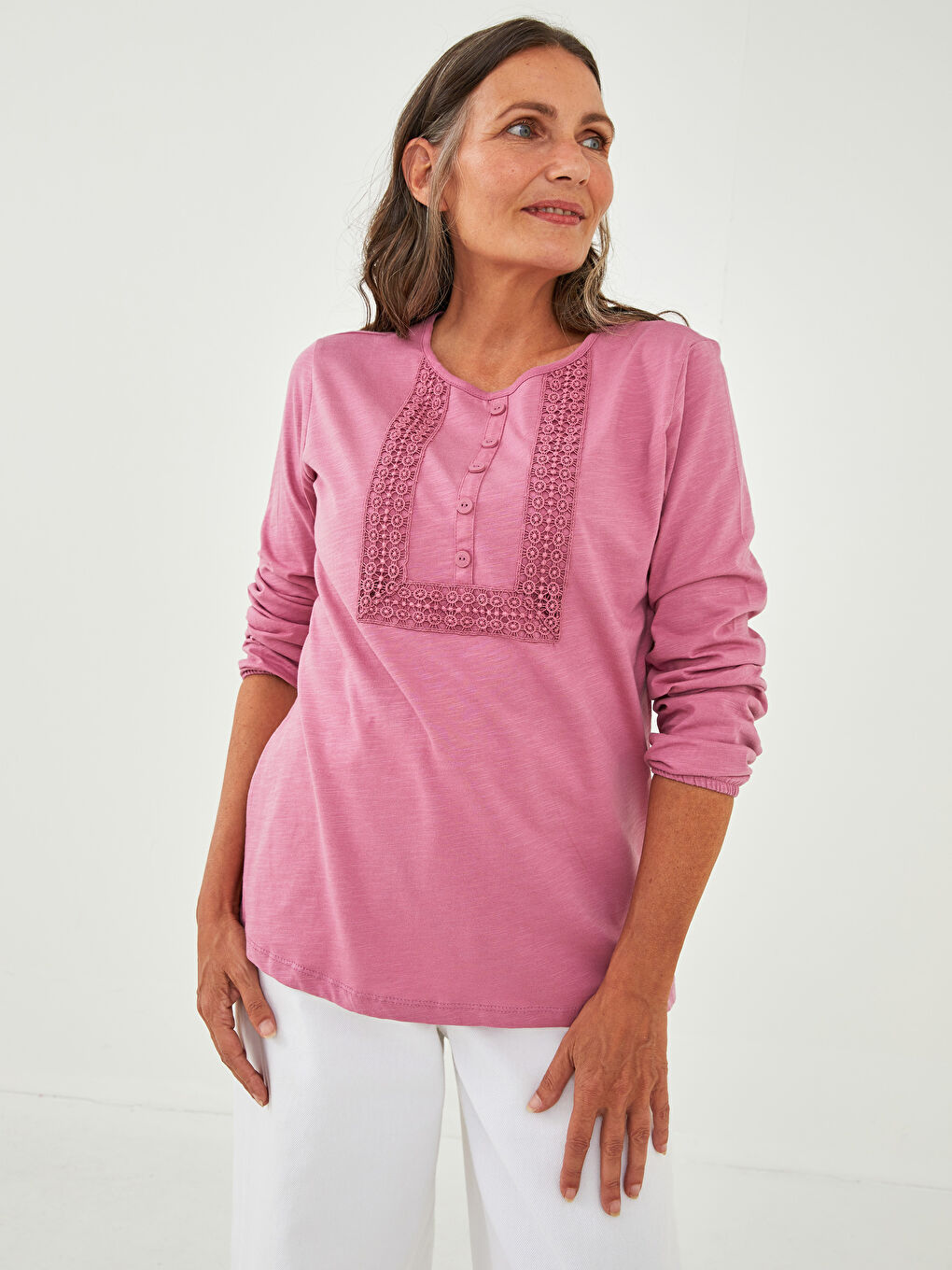 Crew Neck Embroidered Long Sleeve Cotton Women's Blouse-3