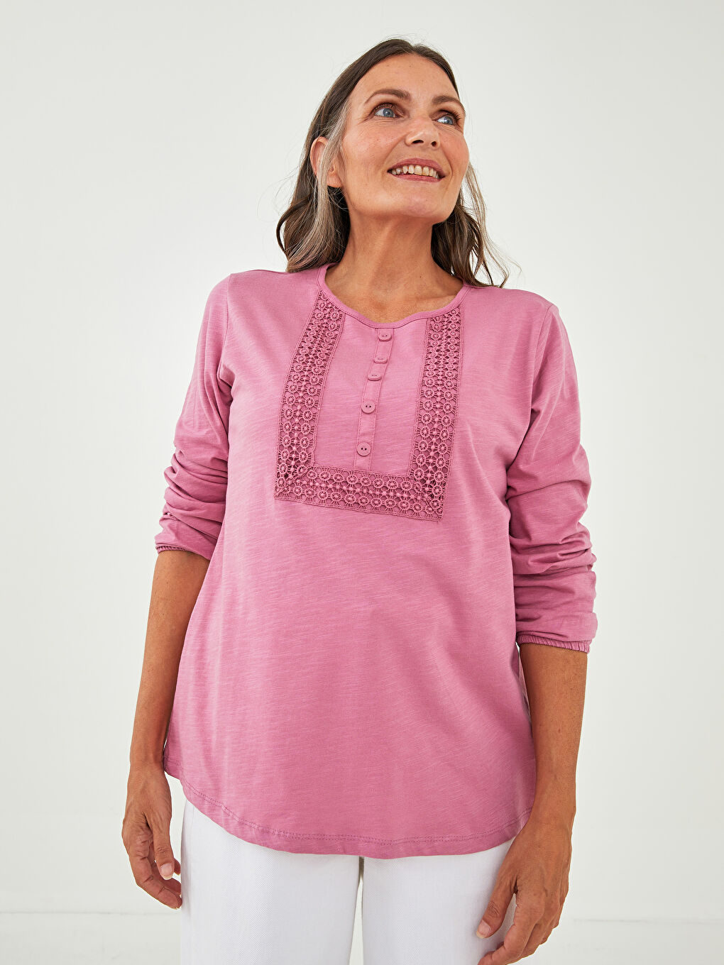 Crew Neck Embroidered Long Sleeve Cotton Women's Blouse