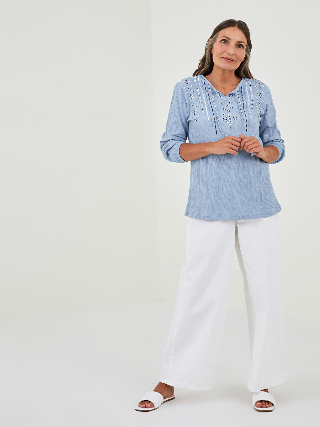 LCW Grace Tie Collar Ethnic Patterned Long Sleeve Women's Blouse -W13184Z8-GMH