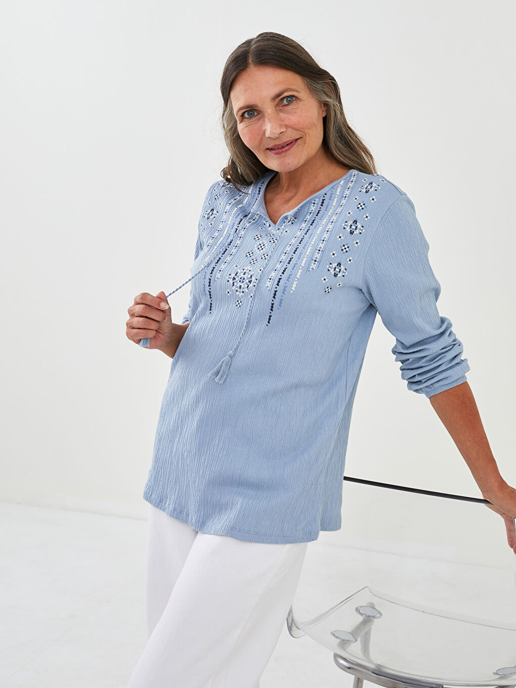 LCW Grace Tie Collar Ethnic Patterned Long Sleeve Women's Blouse -W13184Z8-GMH