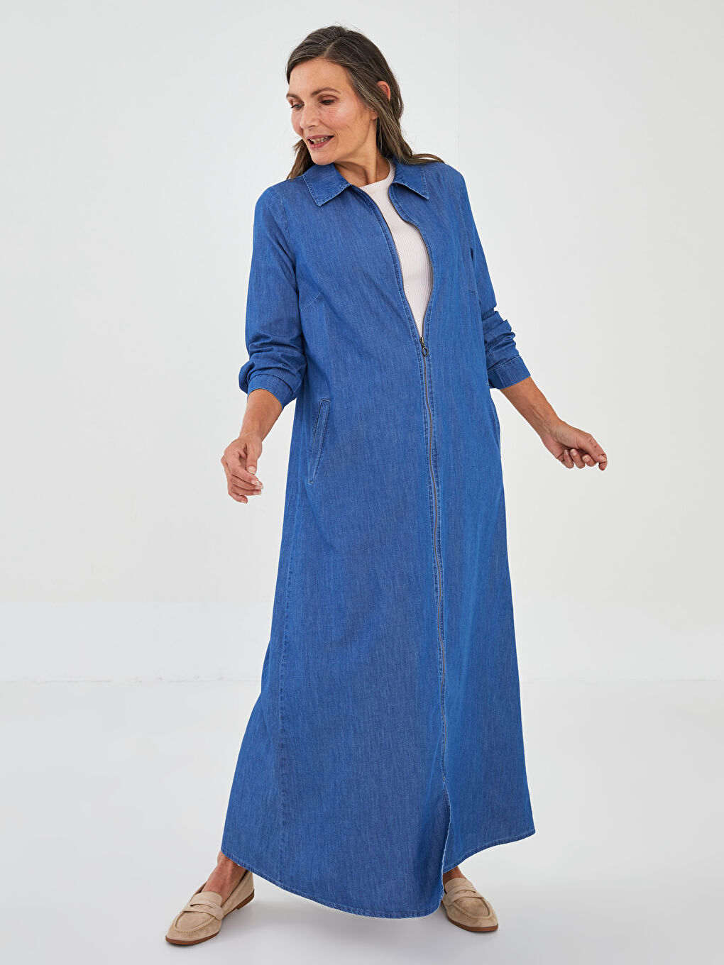 Mavi Gömlek Yaka Düz Uzun Kollu Kadın Jean Ferace-1