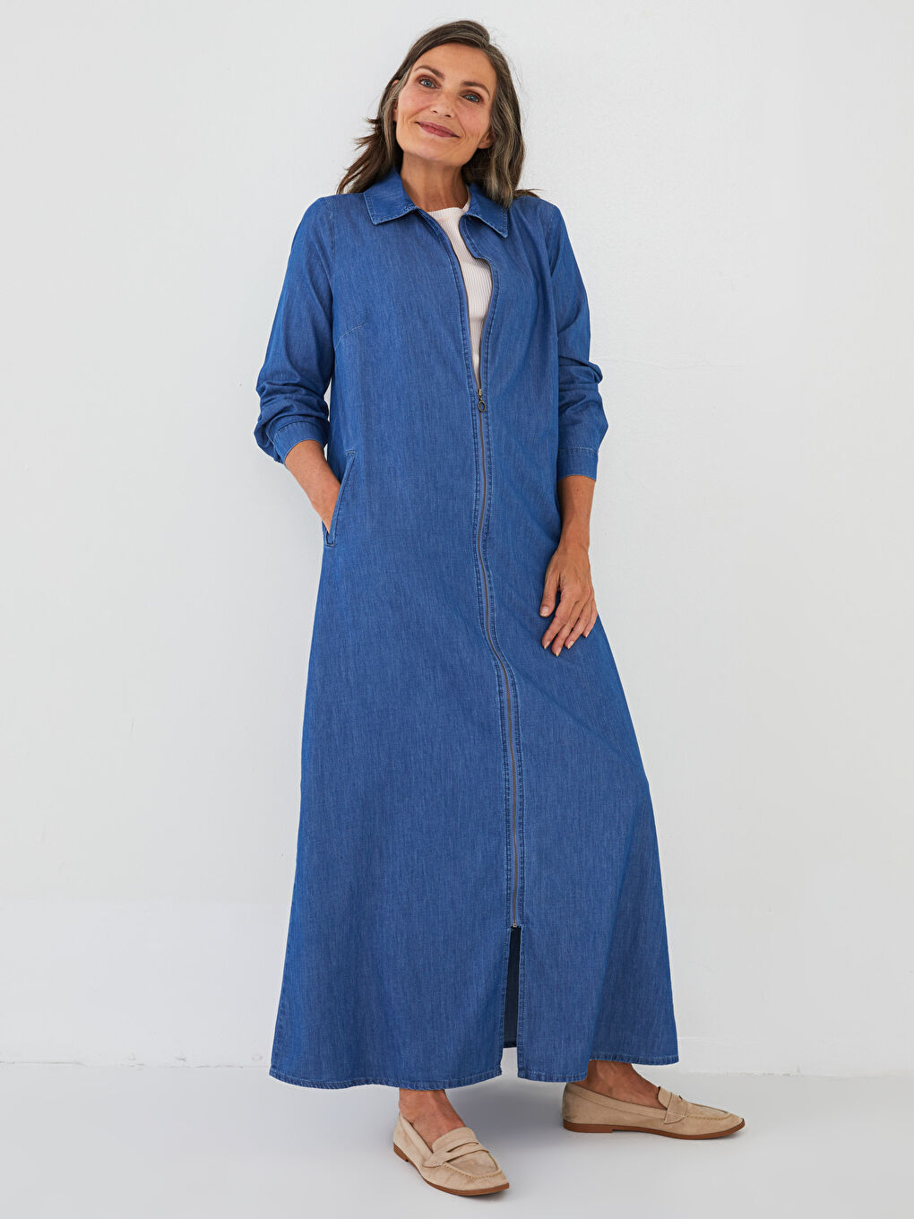 Mavi Gömlek Yaka Düz Uzun Kollu Kadın Jean Ferace-2