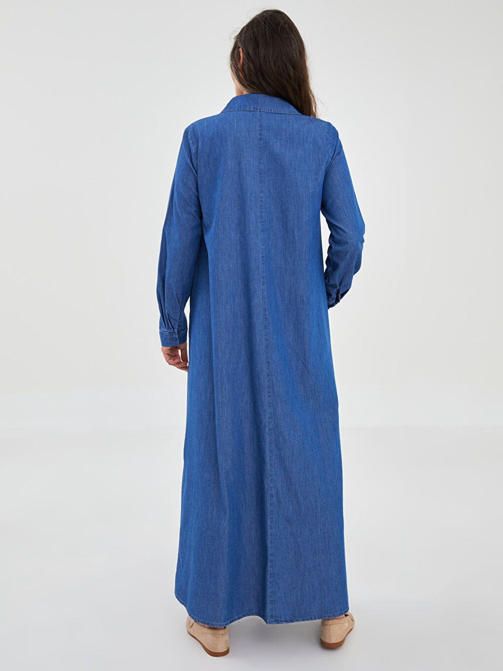 Mavi Gömlek Yaka Düz Uzun Kollu Kadın Jean Ferace-4