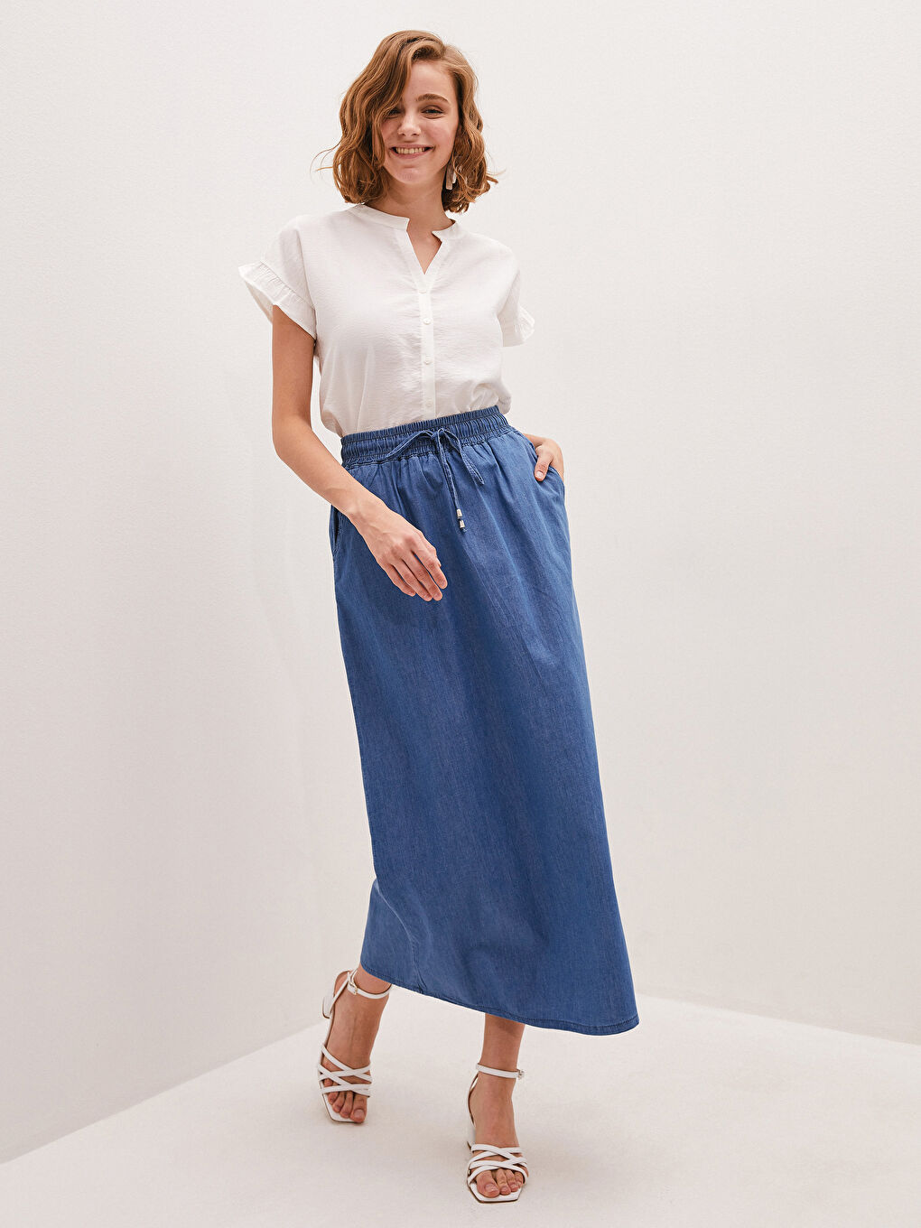 Elastic Waist Wide Fit Women Jean Skirt-1