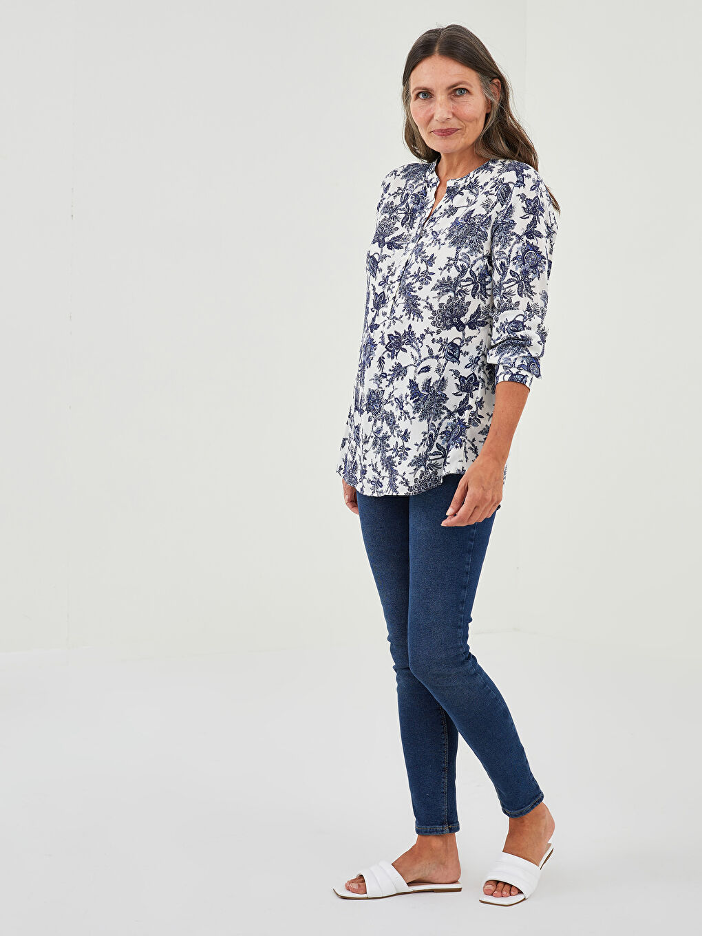 Turtleneck Floral Printed Long Sleeve Viscose Women's Blouse-3