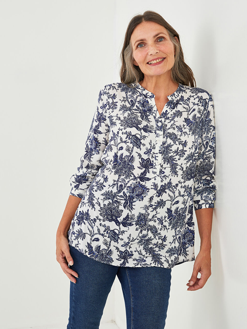 Turtleneck Floral Printed Long Sleeve Viscose Women's Blouse