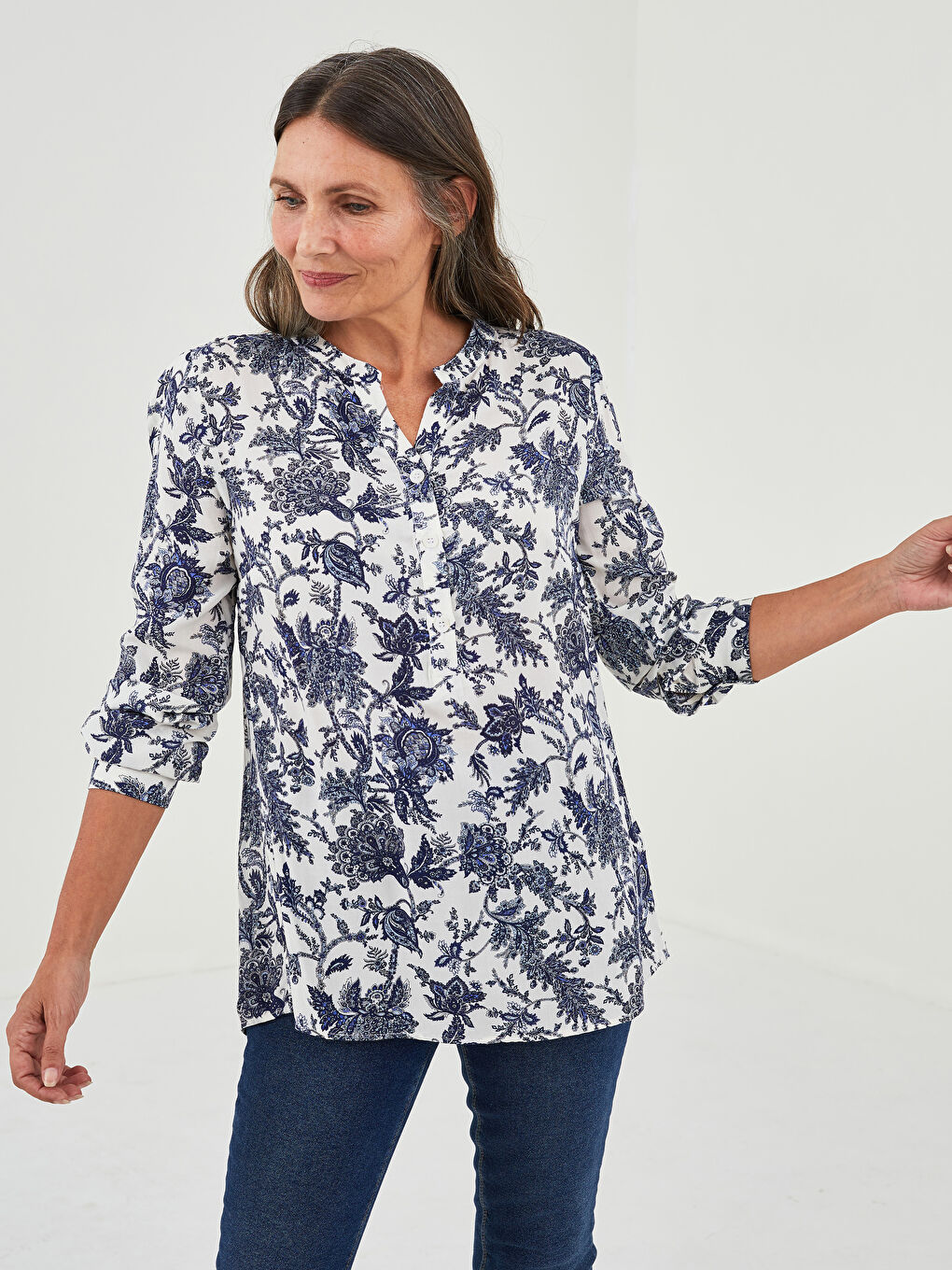 Turtleneck Floral Printed Long Sleeve Viscose Women's Blouse-1