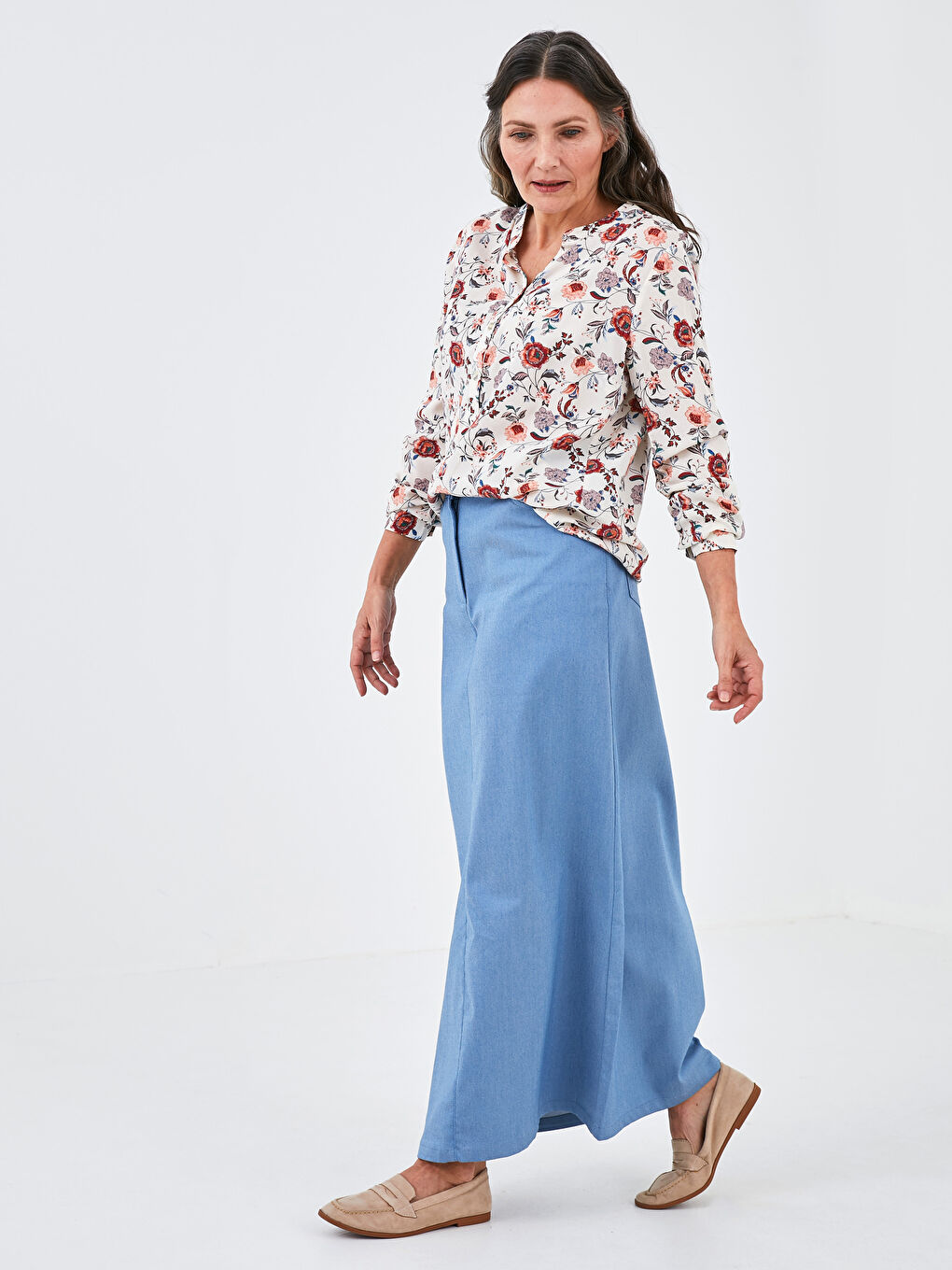 Turtleneck Floral Printed Long Sleeve Viscose Women's Blouse-3