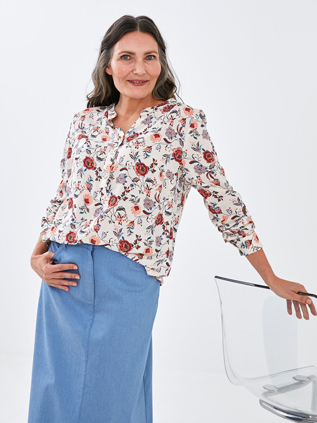 Turtleneck Floral Printed Long Sleeve Viscose Women's Blouse-5