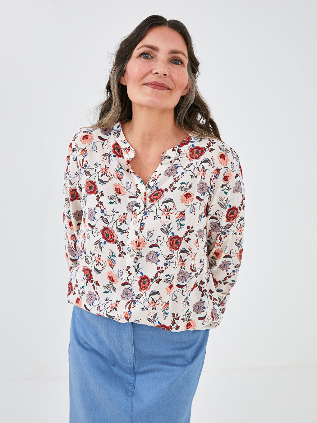 Turtleneck Floral Printed Long Sleeve Viscose Women's Blouse