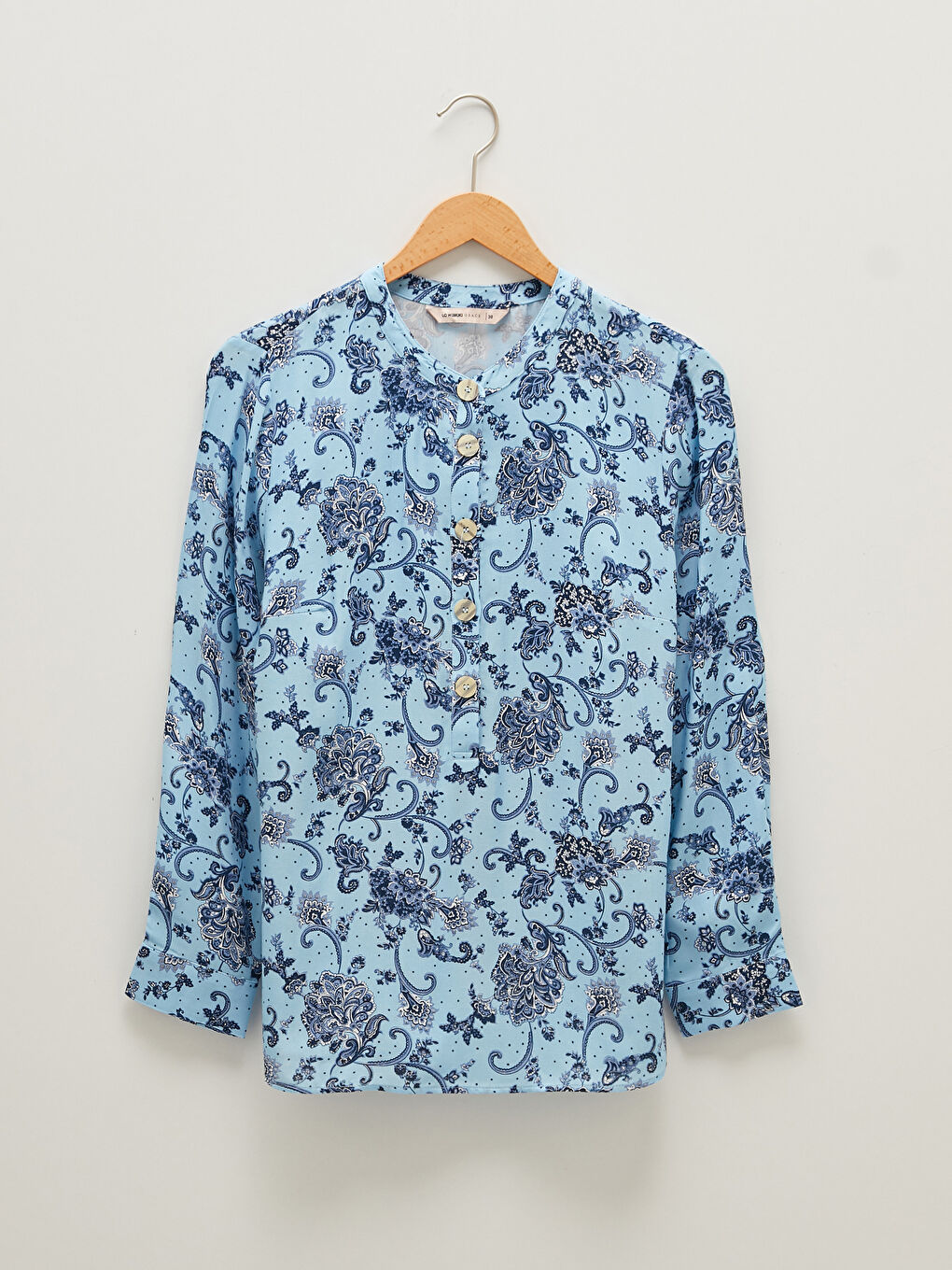 Grandad Collar Patterned Long Sleeve Poplin Women's Blouse-6