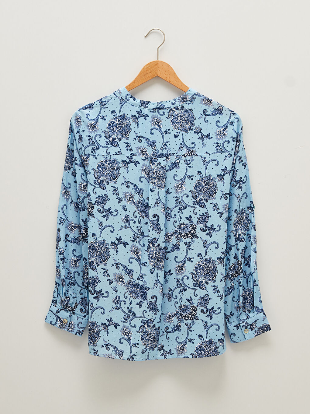 Grandad Collar Patterned Long Sleeve Poplin Women's Blouse-7