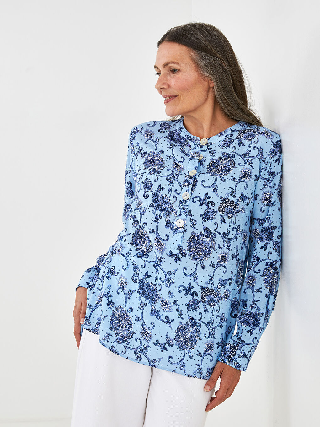 Grandad Collar Patterned Long Sleeve Poplin Women's Blouse-2