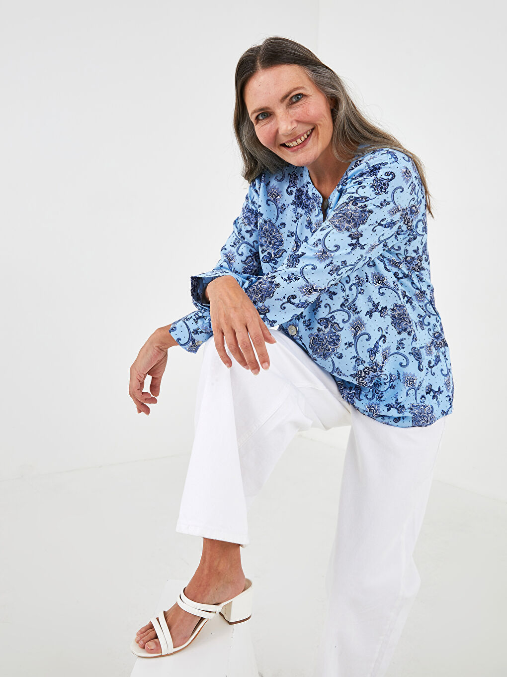 Grandad Collar Patterned Long Sleeve Poplin Women's Blouse-3