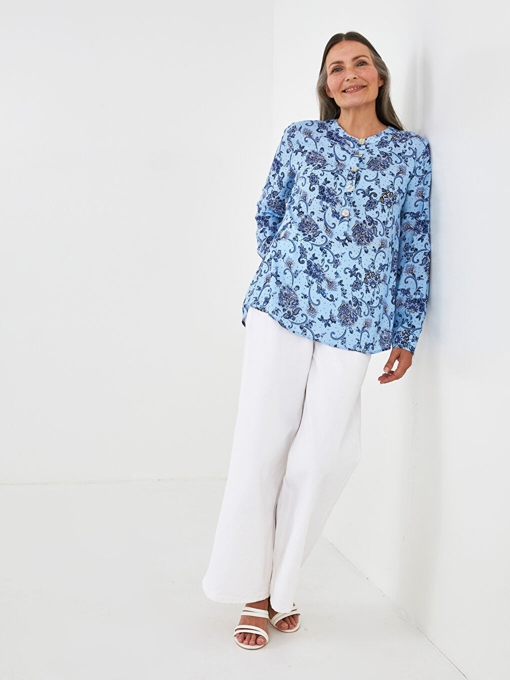 Grandad Collar Patterned Long Sleeve Poplin Women's Blouse-4