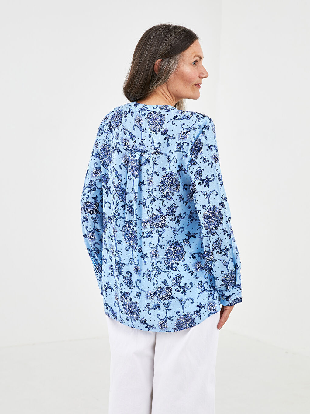 Grandad Collar Patterned Long Sleeve Poplin Women's Blouse-5