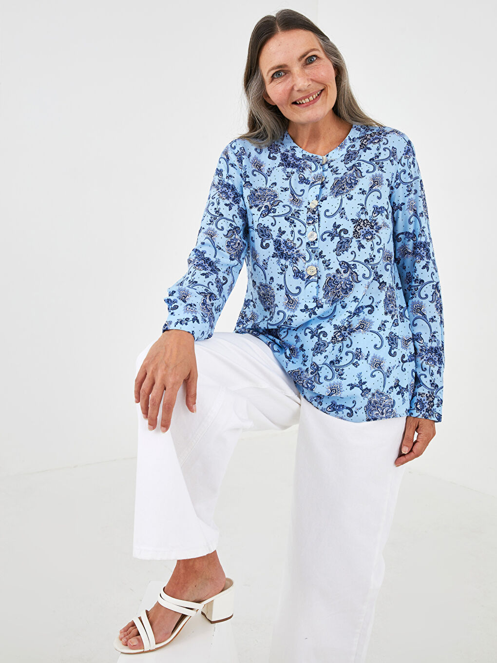 Grandad Collar Patterned Long Sleeve Poplin Women's Blouse