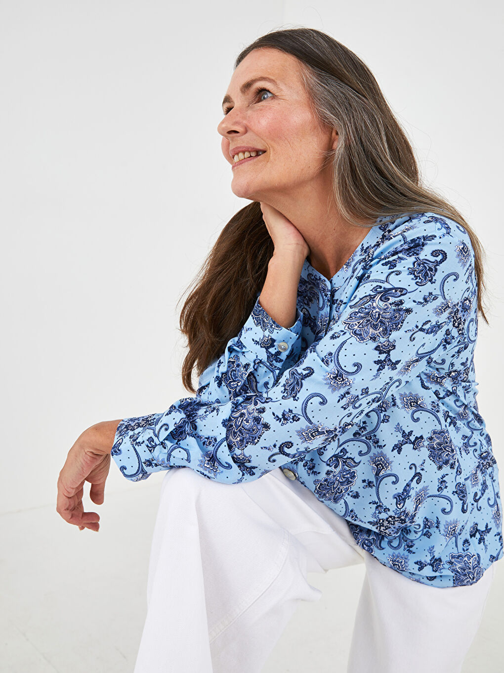 Grandad Collar Patterned Long Sleeve Poplin Women's Blouse-1