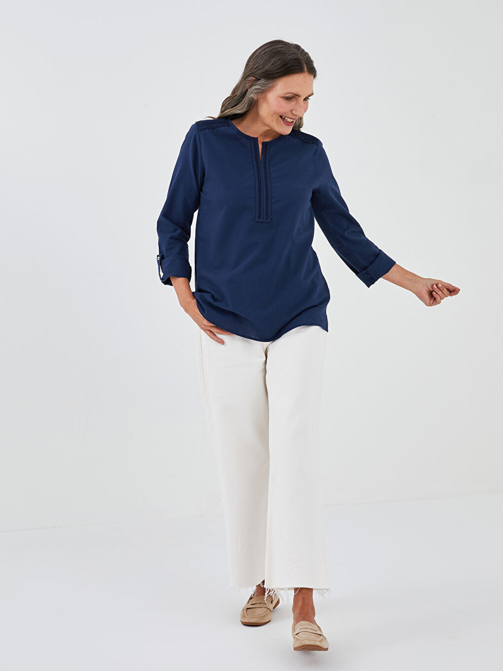 LCW Grace Women's Henley Neckline Lace Detailed Long Sleeve Cotton Blouse -W13213Z8-HME
