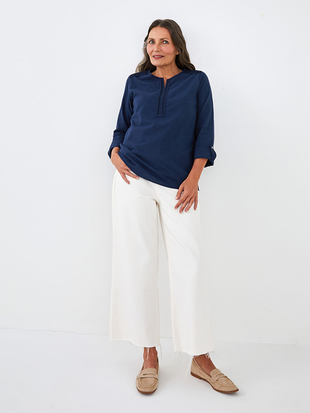 LCW Grace Women's Henley Neckline Lace Detailed Long Sleeve Cotton Blouse -W13213Z8-HME