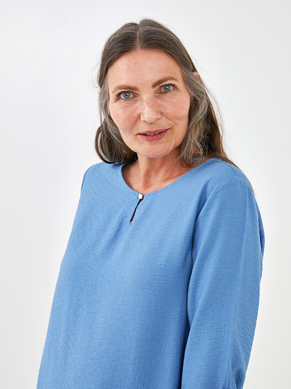 Notch Neck Plain Long Sleeve Women's Blouse-1