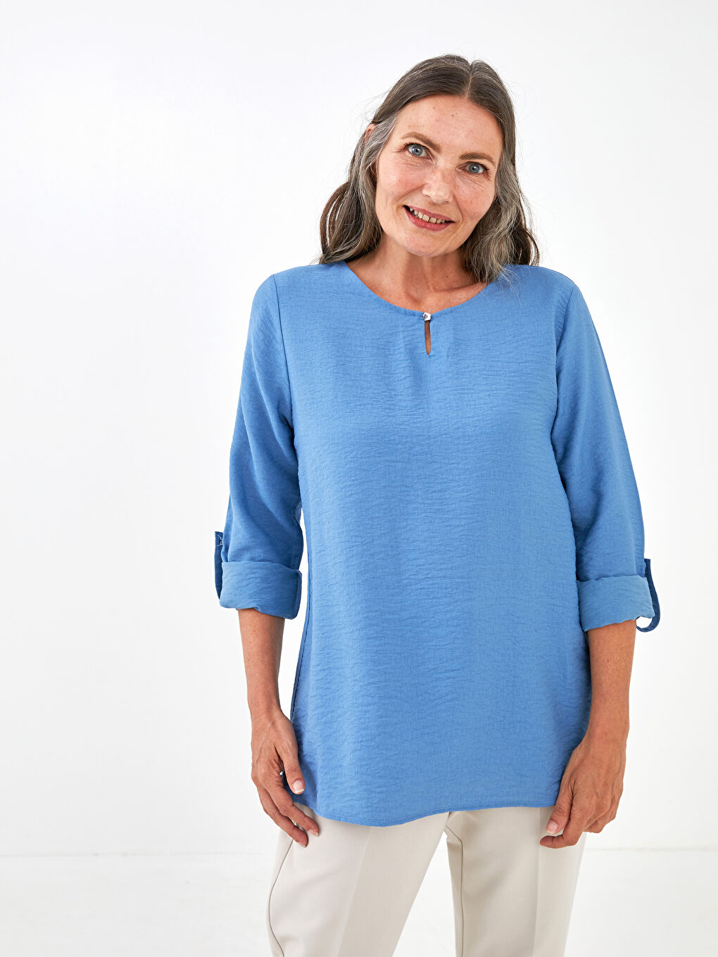 Notch Neck Plain Long Sleeve Women's Blouse