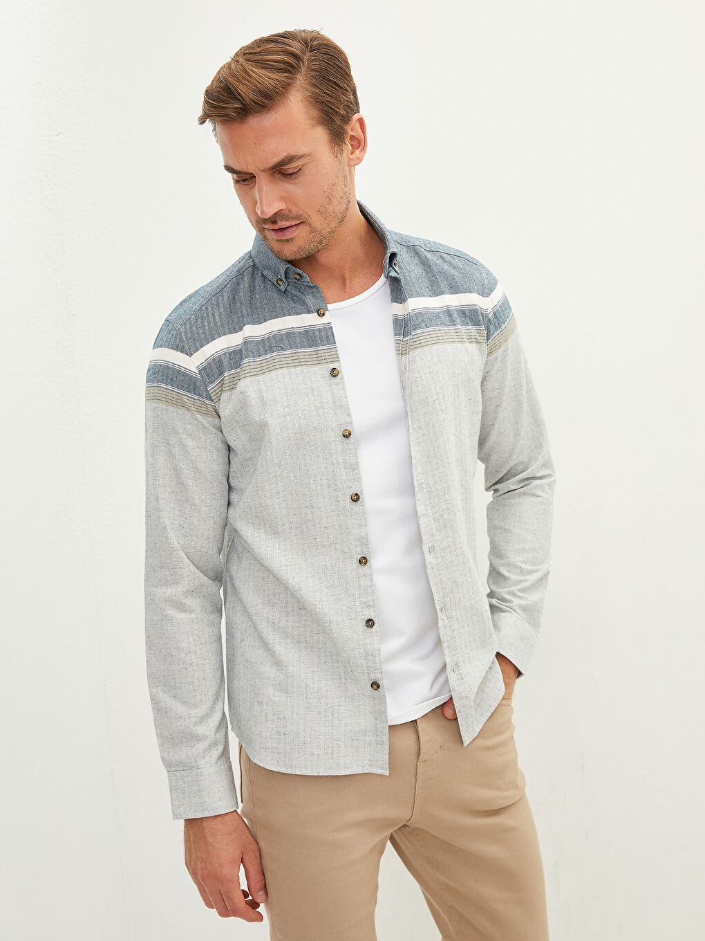 قميص رجالي ضيق بأكمام طويلة وكتلة ألوان-1