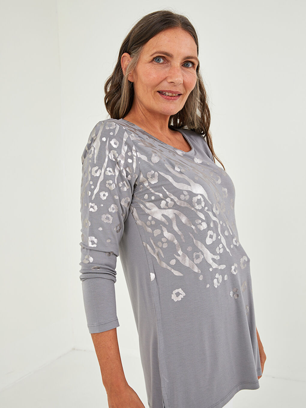 Crew Neck Shiny Printed Long Sleeve Viscose Women's T-Shirt-1