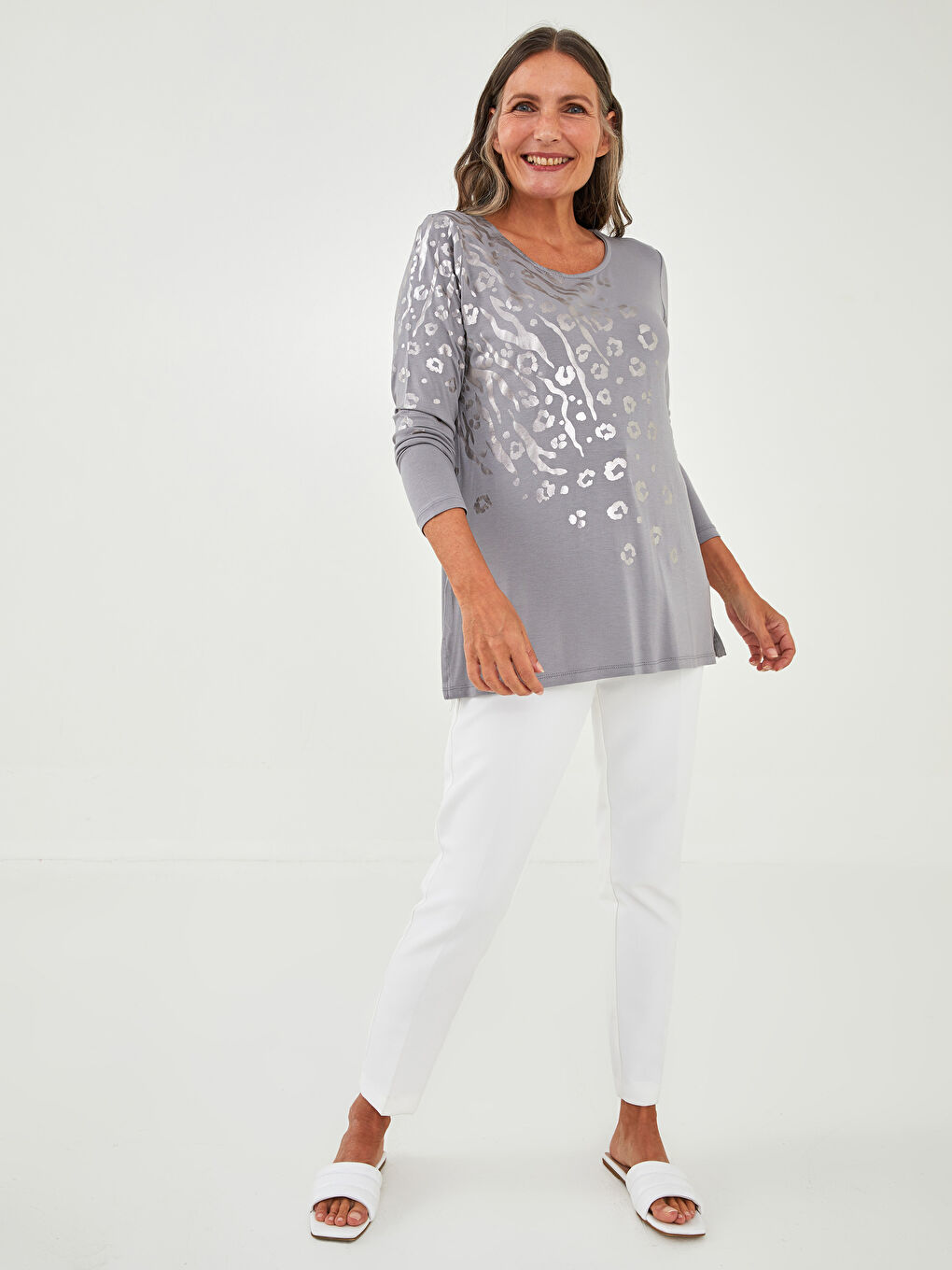 Crew Neck Shiny Printed Long Sleeve Viscose Women's T-Shirt-3