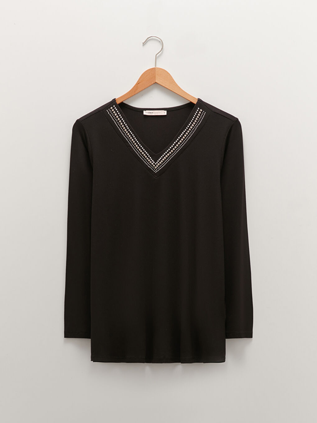 V Neck Stone Printed Long Sleeve Viscose Women's Blouse-4