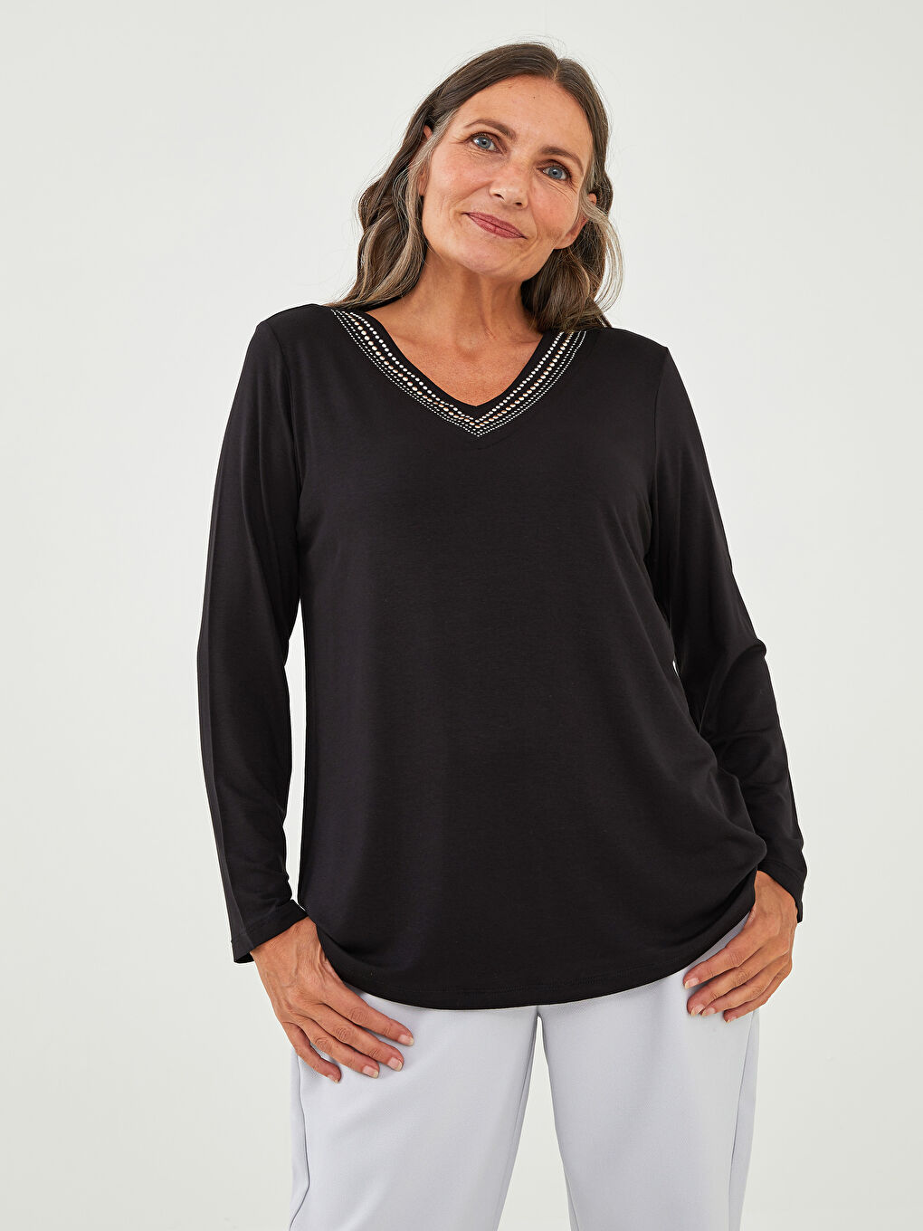 V Neck Stone Printed Long Sleeve Viscose Women's Blouse