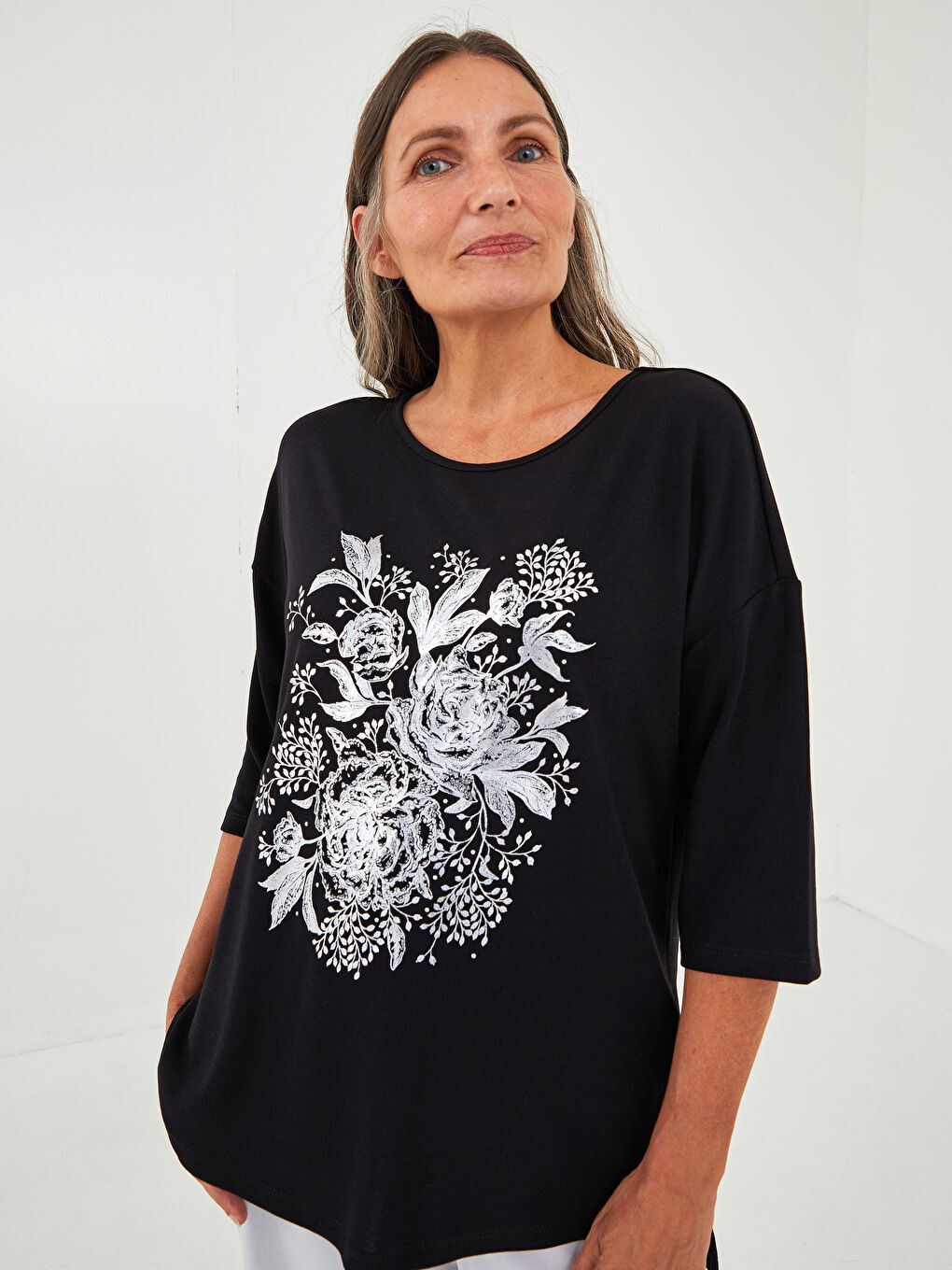 Crew Neck Floral Printed Women's Blouse