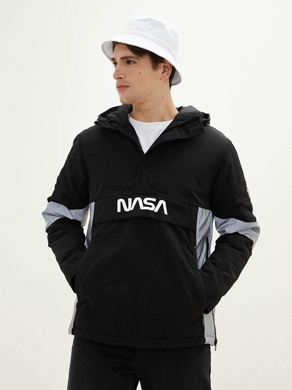Bequemer Sitz Kapuzen NASA Bedruckter Schlanker Herren Känguru Mantel