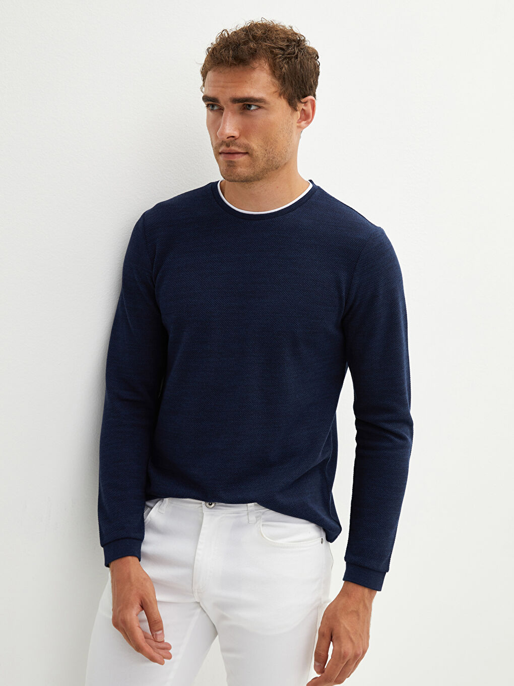 Lacivert Bisiklet Yaka Uzun Kollu İnce Erkek Sweatshirt