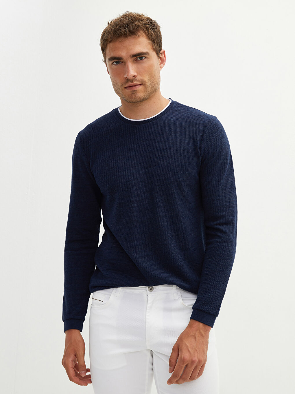 Lacivert Bisiklet Yaka Uzun Kollu İnce Erkek Sweatshirt-2