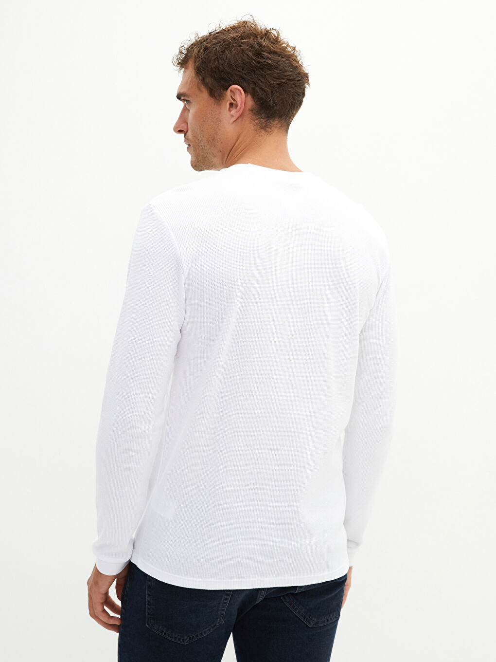 Beyaz Bisiklet Yaka Uzun Kollu Erkek Sweatshirt-4