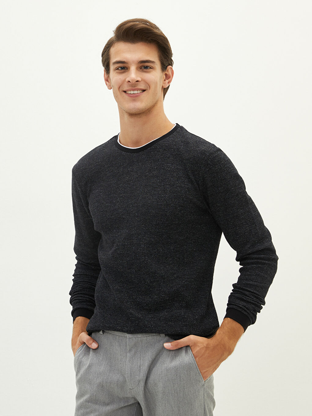 Ерлерге арналған ұзын жеңді дөңгелек жағалы свитшот-2